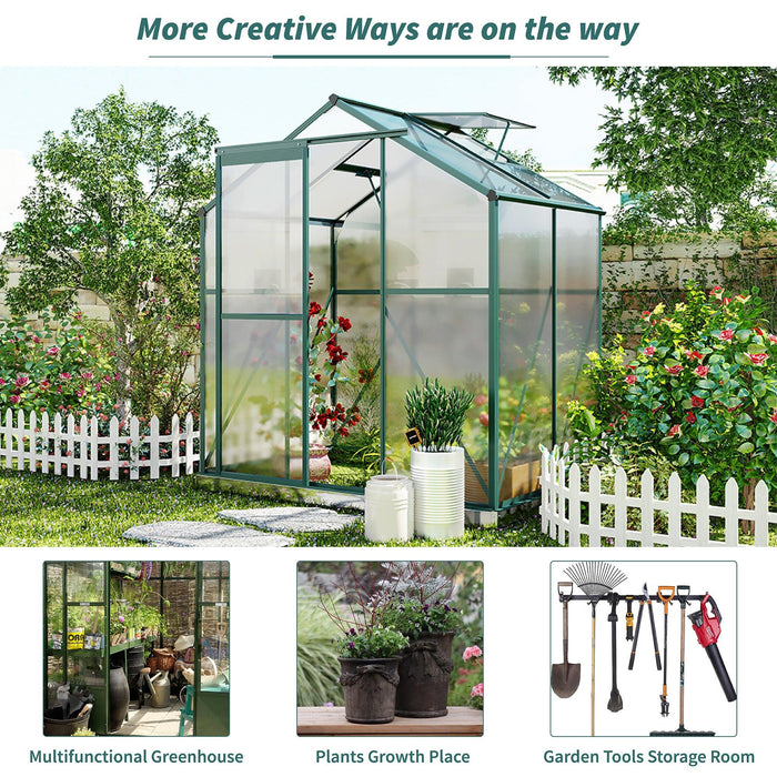 Outdoor Patio 6.2ft W x 4.3ft D Walk-in Polycarbonate Greenhouse with 2 Windows and Aluminum Base