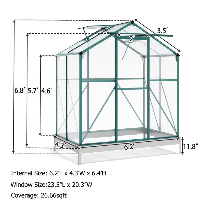 Outdoor Patio 6.2ft W x 4.3ft D Walk-in Polycarbonate Greenhouse with 2 Windows and Aluminum Base