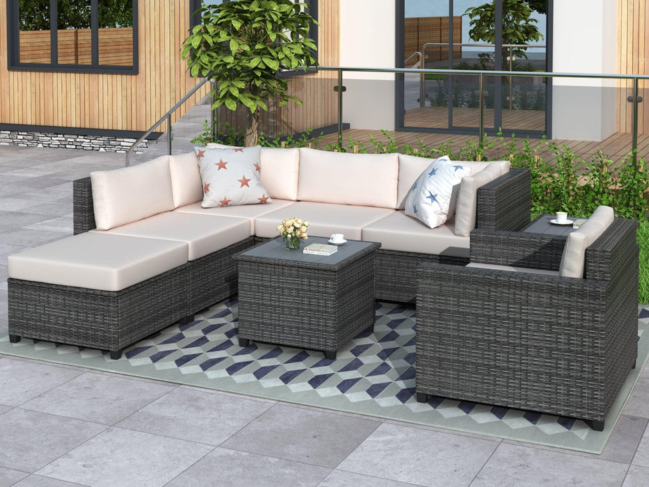 8 PCS Outdoor Patio Rattan Sectional Seating Group with Beige Cushions