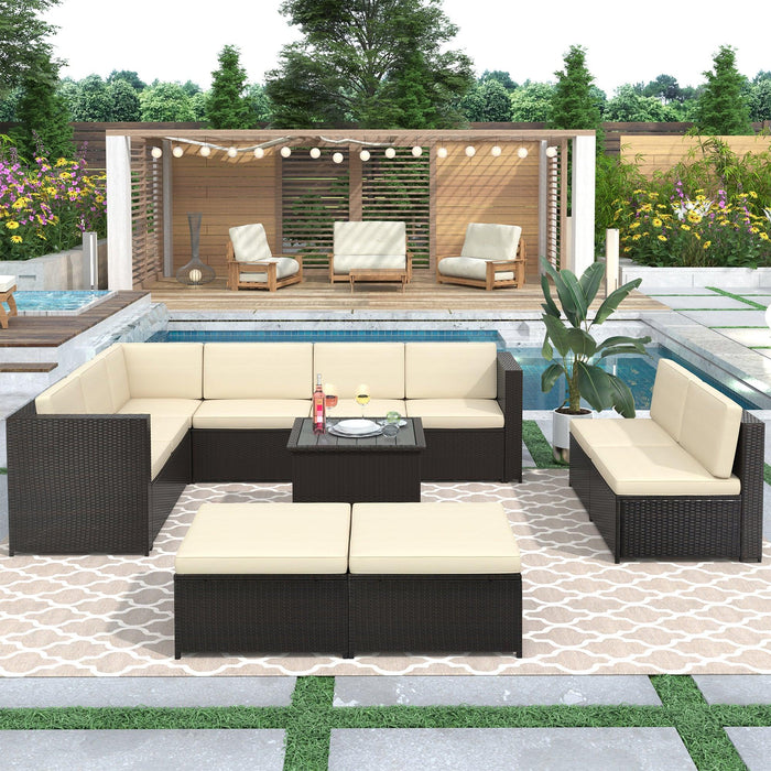 9 PCS Outdoor Gray Rattan Sectional Seating Group with Beige Cushions and Ottoman