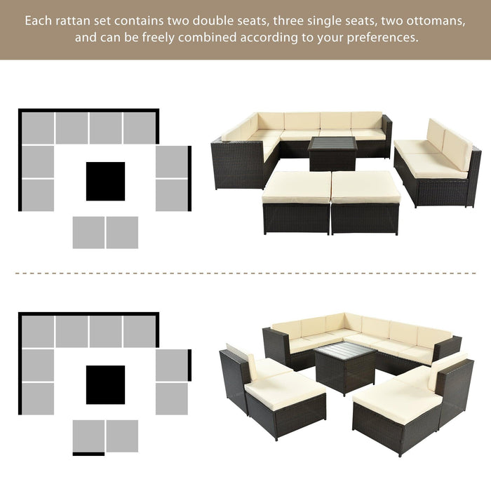 9 PCS Outdoor Gray Rattan Sectional Seating Group with Beige Cushions and Ottoman