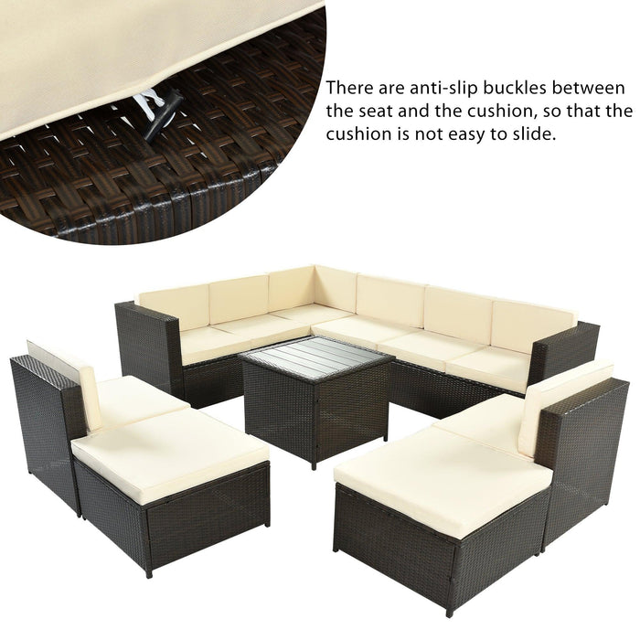 9 PCS Outdoor Gray Rattan Sectional Seating Group with Beige Cushions and Ottoman