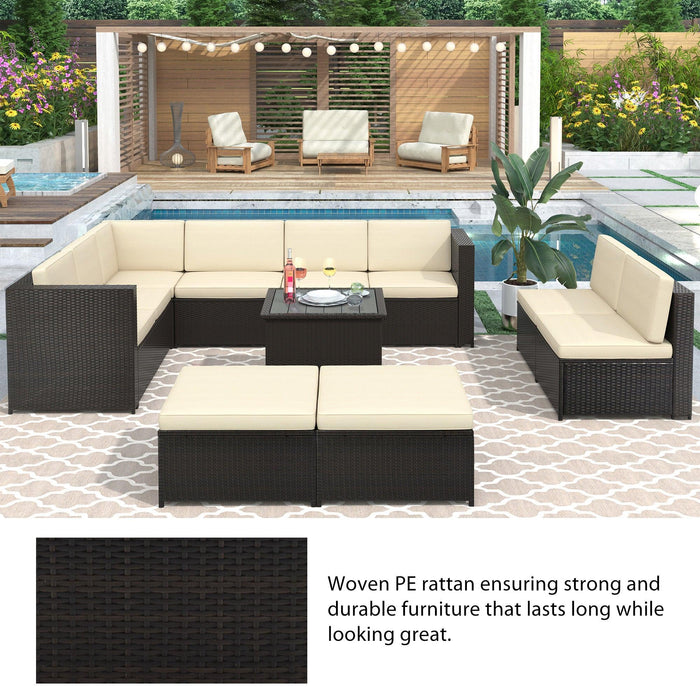 9 PCS Outdoor Gray Rattan Sectional Seating Group with Beige Cushions and Ottoman