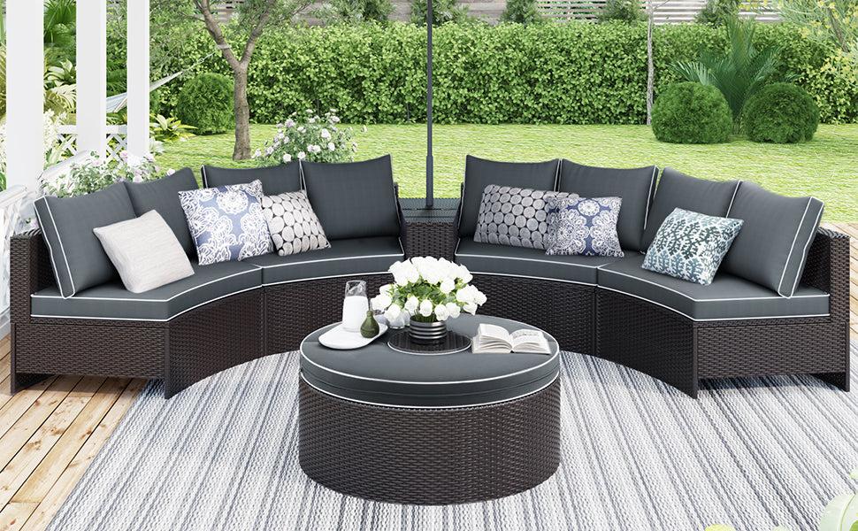 4 PCS Outdoor Patio Half-Moon Sectional Furniture Wicker Sofa Set with Two Pillows, Coffee Table, and Gray Cushions