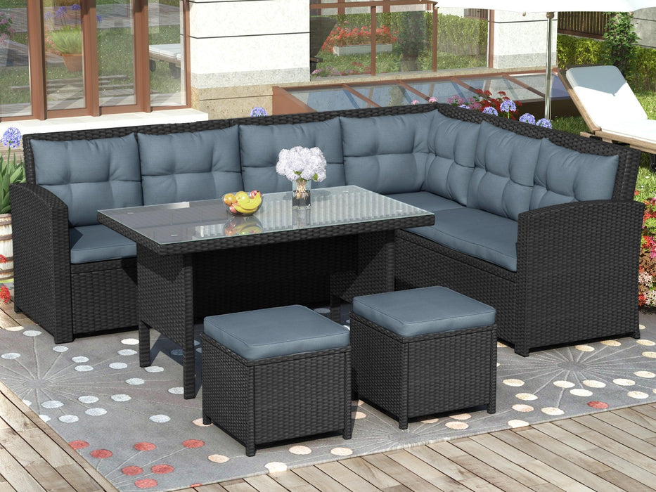 6 PCS Patio Furniture Set Outdoor Sectional Sofa with Glass Table, Ottomans - Black