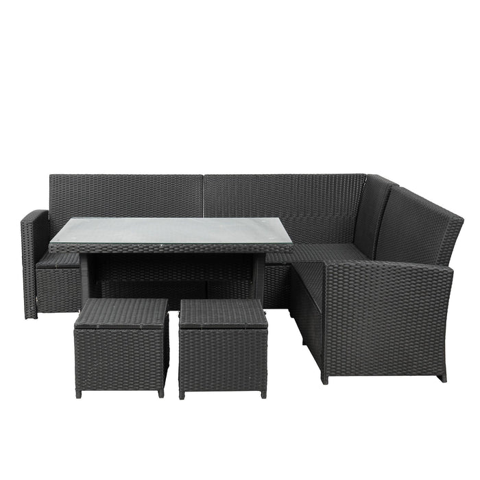 6 PCS Patio Furniture Set Outdoor Sectional Sofa with Glass Table, Ottomans - Black