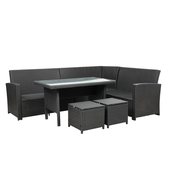 6 PCS Patio Furniture Set Outdoor Sectional Sofa with Glass Table, Ottomans - Black