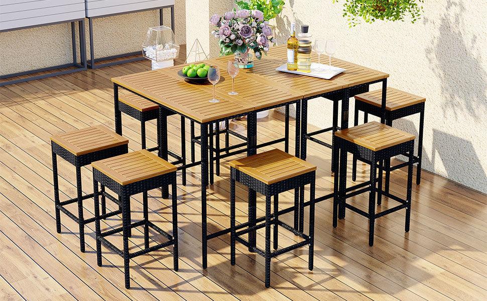 10 PCS Outdoor Patio Wicker Bar Set, Garden PE Rattan Wicker Dining Table, Square Stool Set, Foldable Tabletop, Acacia Wood Tabletop, High-Dining Bistro Set with 8 Stools And 2 Wood Table, Brown