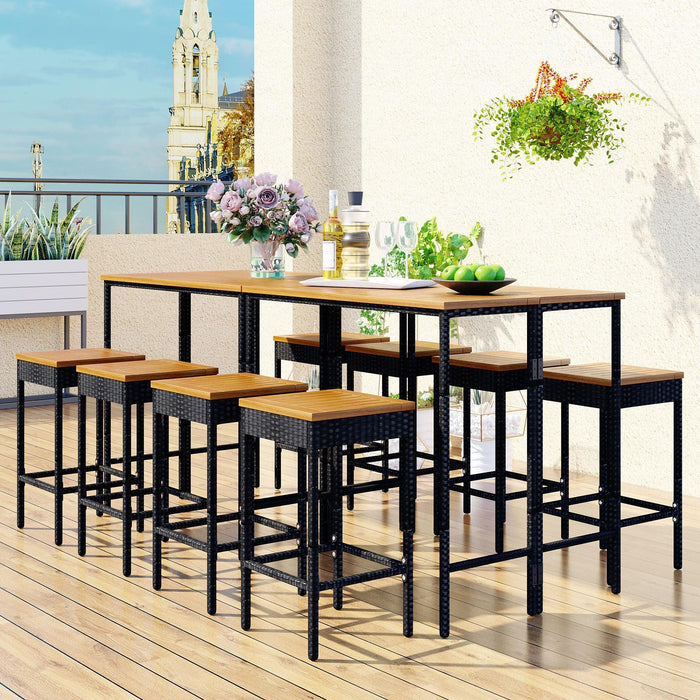 10 PCS Outdoor Patio Wicker Bar Set, Garden PE Rattan Wicker Dining Table, Square Stool Set, Foldable Tabletop, Acacia Wood Tabletop, High-Dining Bistro Set with 8 Stools And 2 Wood Table, Brown