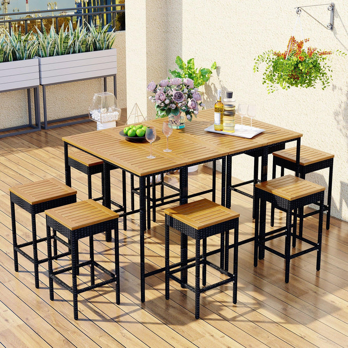 10 PCS Outdoor Patio Wicker Bar Set, Garden PE Rattan Wicker Dining Table, Square Stool Set, Foldable Tabletop, Acacia Wood Tabletop, High-Dining Bistro Set with 8 Stools And 2 Wood Table, Brown