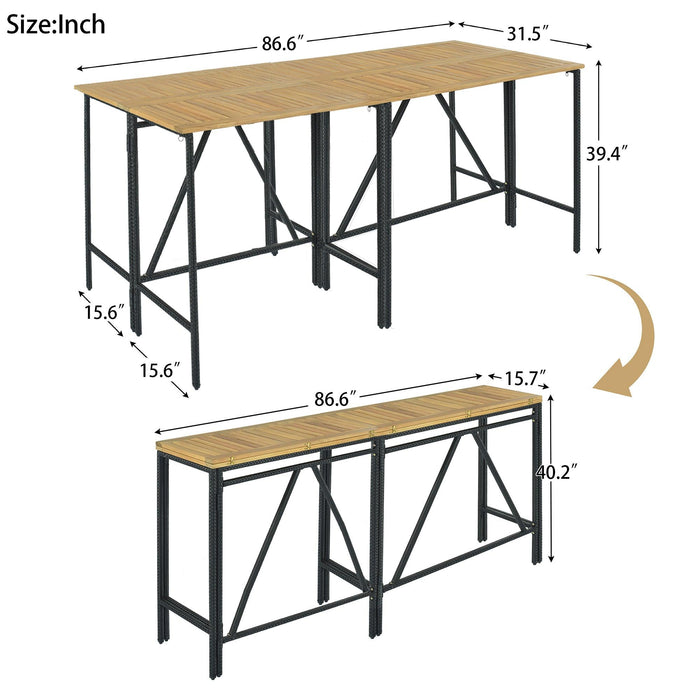 10 PCS Outdoor Patio Wicker Bar Set, Garden PE Rattan Wicker Dining Table, Square Stool Set, Foldable Tabletop, Acacia Wood Tabletop, High-Dining Bistro Set with 8 Stools And 2 Wood Table, Brown