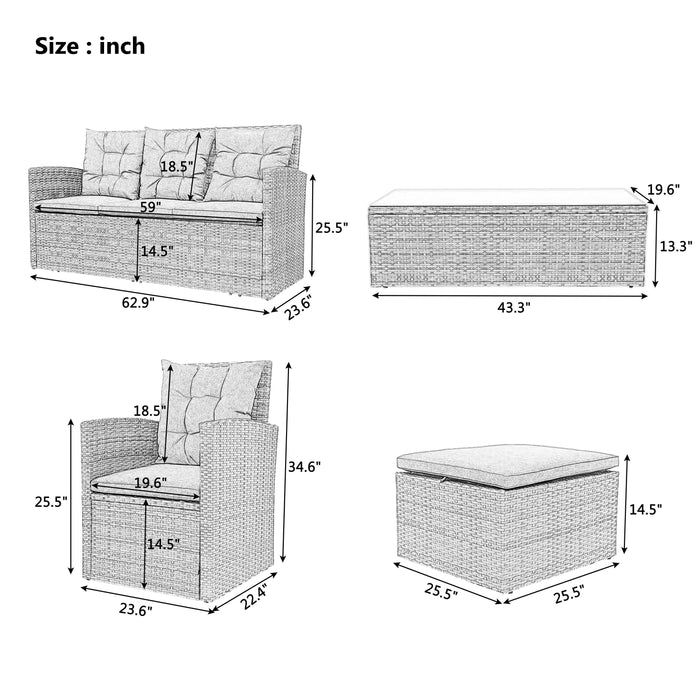 5 PCS Outdoor UV-Resistant Patio Sofa Set withStorage Bench All Weather PE Wicker Furniture Coversation Set with Glass Table - Gray