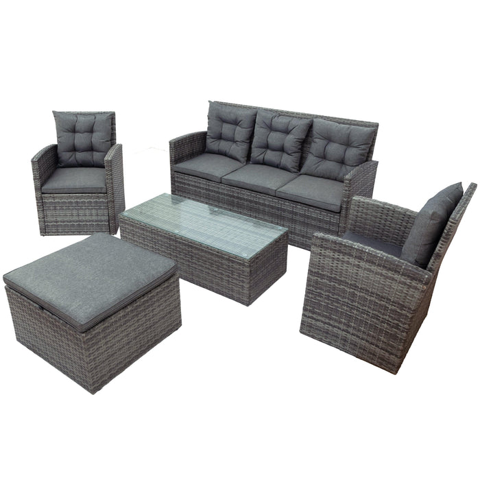 5 PCS Outdoor UV-Resistant Patio Sofa Set withStorage Bench All Weather PE Wicker Furniture Coversation Set with Glass Table - Gray