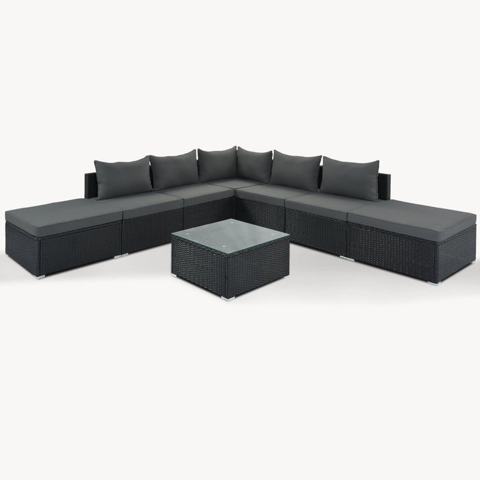 8 PCS Outdoor Patio Garden L-shaped Conversation Sectional Set with Gray Cushions and Black Rattan Wicker