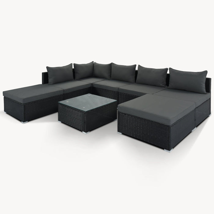 8 PCS Outdoor Patio Garden L-shaped Conversation Sectional Set with Gray Cushions and Black Rattan Wicker