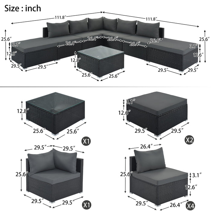 8 PCS Outdoor Patio Garden L-shaped Conversation Sectional Set with Gray Cushions and Black Rattan Wicker