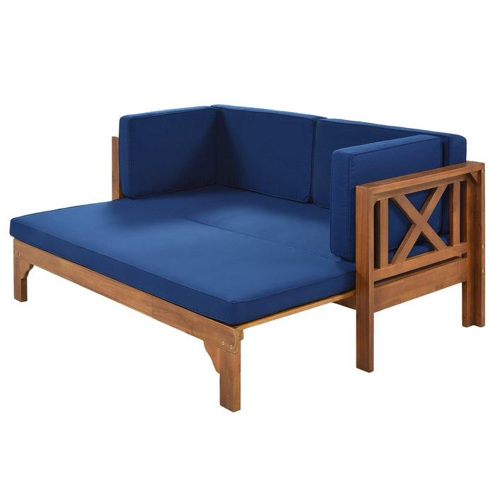 Outdoor Patio Extendable Wooden Sofa Set with Thick Blue Cushions