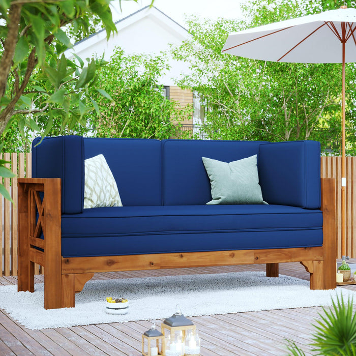 Outdoor Patio Extendable Wooden Sofa Set with Thick Blue Cushions