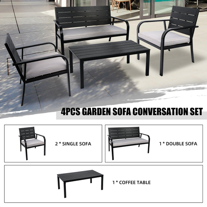 4 PCS Outdoor Patio Conversation Wood Grain Design PE Steel Frame Seating Set - White