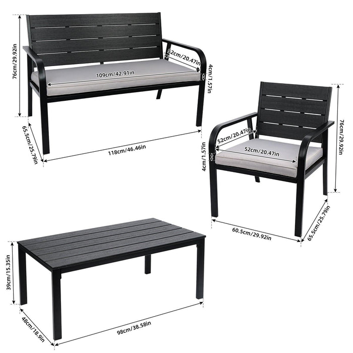 4 PCS Outdoor Patio Conversation Wood Grain Design PE Steel Frame Seating Set - White