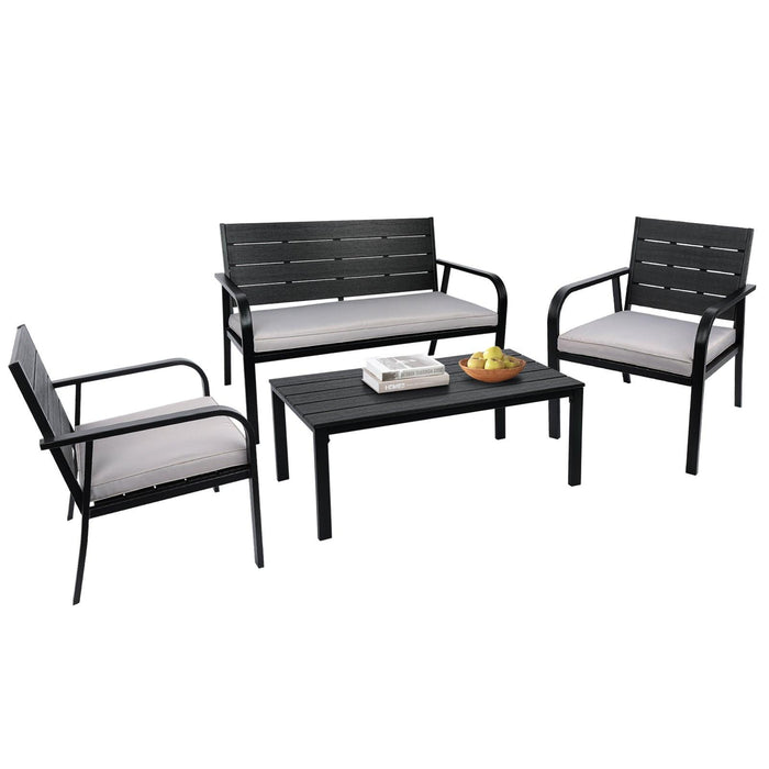 4 PCS Outdoor Patio Conversation Wood Grain Design PE Steel Frame Seating Set - White