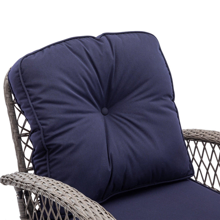 3 PCS Outdoor PatioModern Wicker Set with Table, Swivel Base Chairs and Navy Blue Cushions