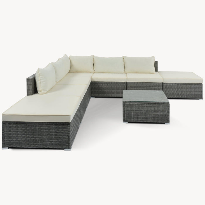 8 PCS Outdoor Patio Garden L-shaped Conversation Sectional Set with Beige Cushions and Gray Rattan Wicker