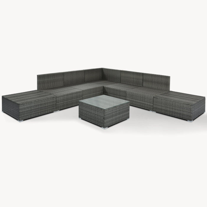 8 PCS Outdoor Patio Garden L-shaped Conversation Sectional Set with Beige Cushions and Gray Rattan Wicker