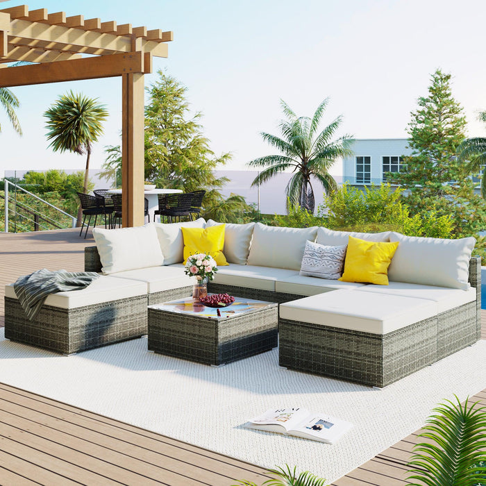 8 PCS Outdoor Patio Garden L-shaped Conversation Sectional Set with Beige Cushions and Gray Rattan Wicker