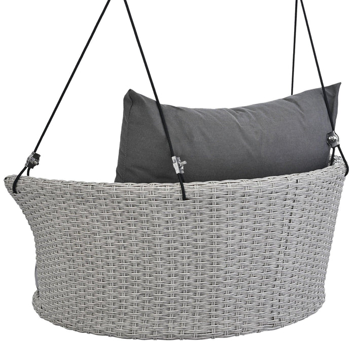 Single Person Rattan Woven Swing Hanging Seat With Ropes, Gray Wicker and Gray Cushion