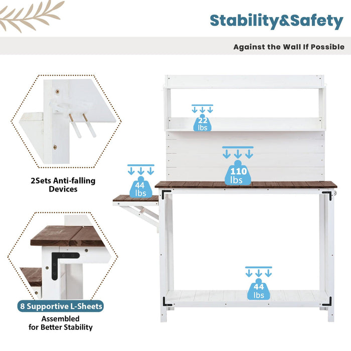 65inch Garden Wood Workstation Backyard Potting Bench Table with Shelves, Side Hook and Foldable Side Table - White