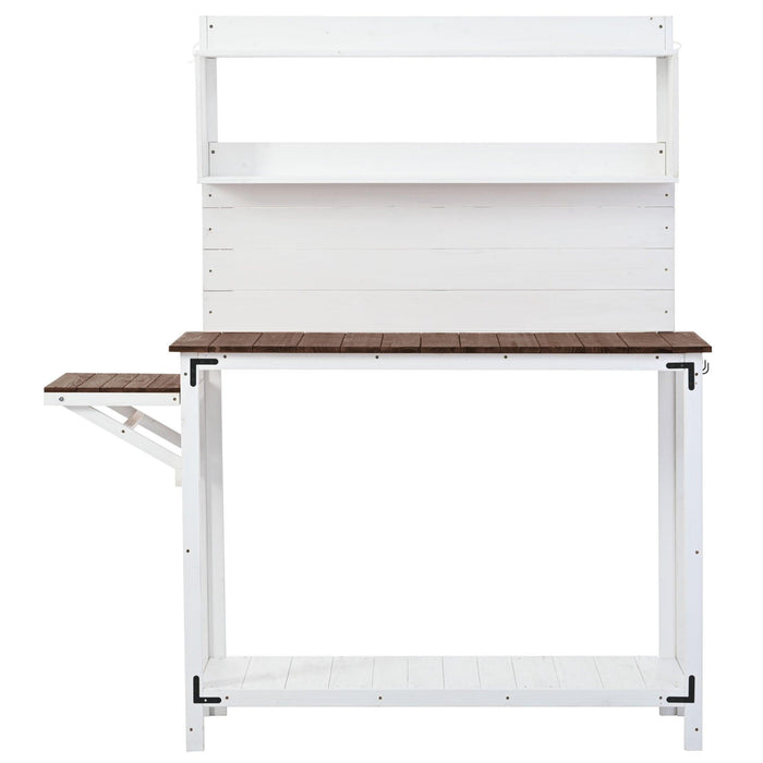 65inch Garden Wood Workstation Backyard Potting Bench Table with Shelves, Side Hook and Foldable Side Table - White