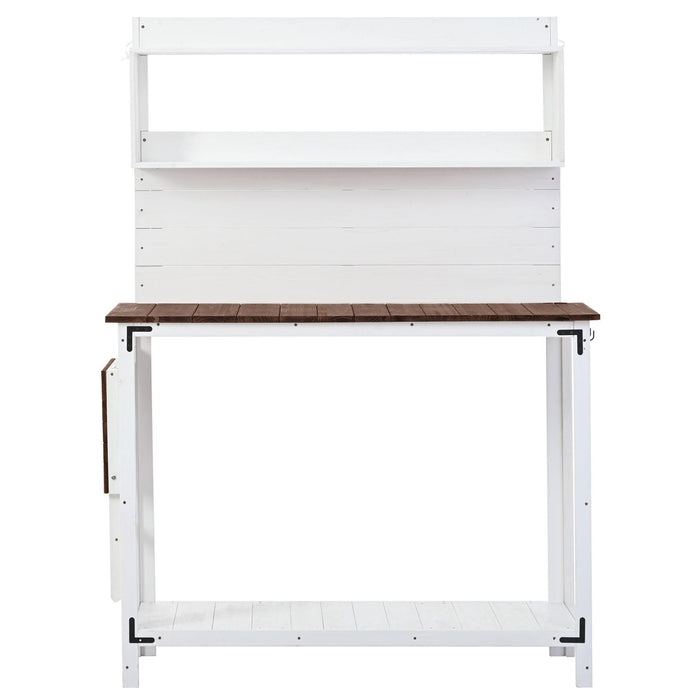 65inch Garden Wood Workstation Backyard Potting Bench Table with Shelves, Side Hook and Foldable Side Table - White