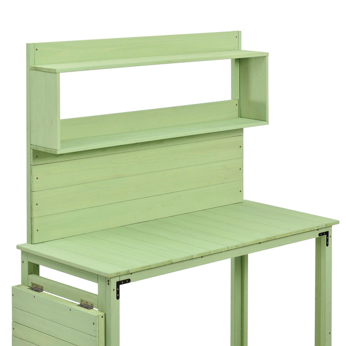 65inch Garden Wood Workstation Backyard Potting Bench Table with Shelves, Side Hook and Foldable Side Table - Green