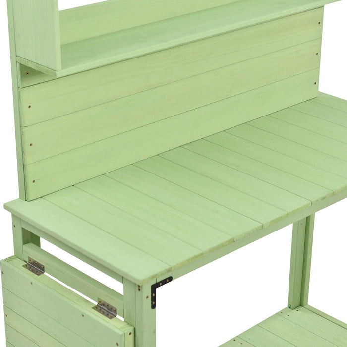 65inch Garden Wood Workstation Backyard Potting Bench Table with Shelves, Side Hook and Foldable Side Table - Green