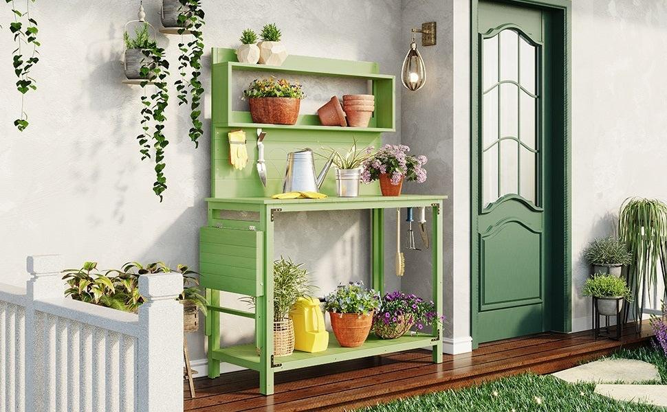 65inch Garden Wood Workstation Backyard Potting Bench Table with Shelves, Side Hook and Foldable Side Table - Green