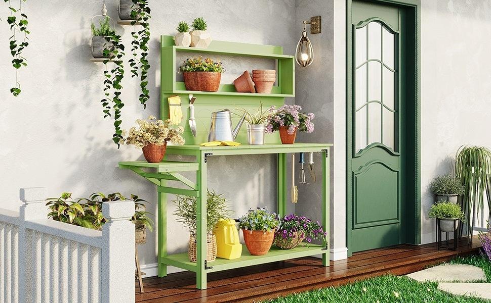 65inch Garden Wood Workstation Backyard Potting Bench Table with Shelves, Side Hook and Foldable Side Table - Green