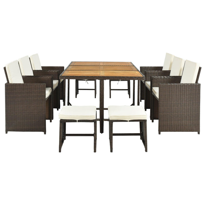 11 PCS Outdoor Patio All-Weather PE Wicker Dining Table Set with Wood Tabletop - Brown Rattan and Beige Cushion