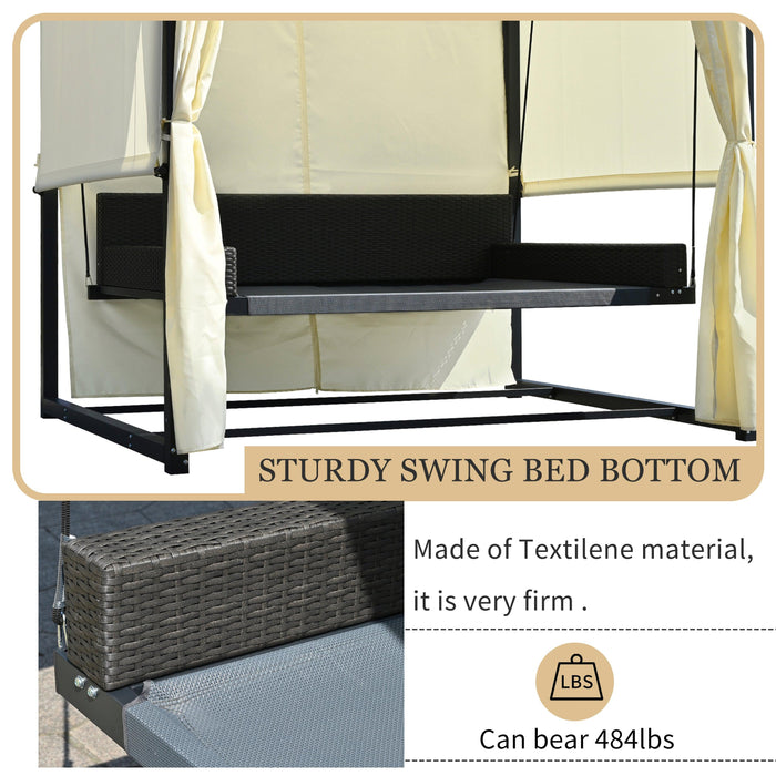 Outdoor Swing Bed with Beige Curtain and Beige Cushion