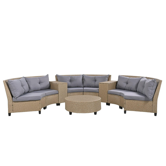 6-Person Fan-shaped Brown Rattan Suit with Gray Cushions and Coffee Table