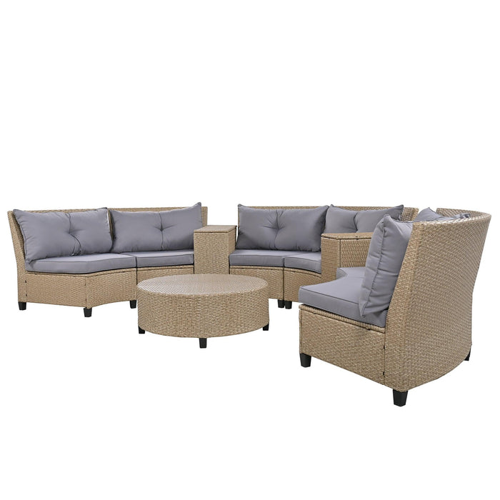 6-Person Fan-shaped Brown Rattan Suit with Gray Cushions and Coffee Table