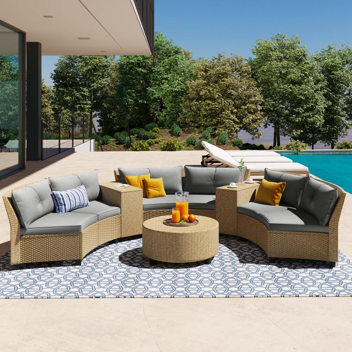 6-Person Fan-shaped Brown Rattan Suit with Gray Cushions and Coffee Table