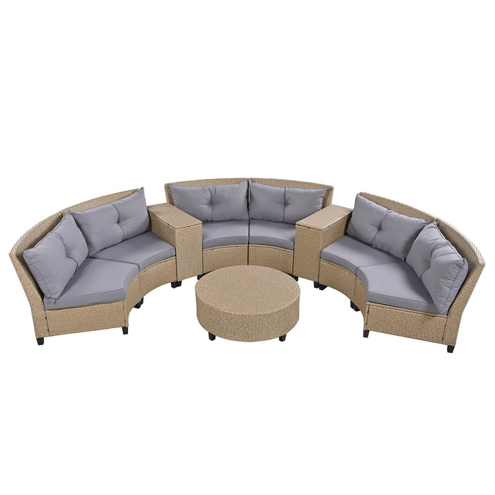 6-Person Fan-shaped Brown Rattan Suit with Gray Cushions and Coffee Table