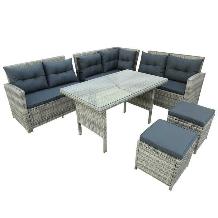 6 PCS Patio Furniture Set Outdoor Sectional Sofa with Glass Table, Ottomans - Gray