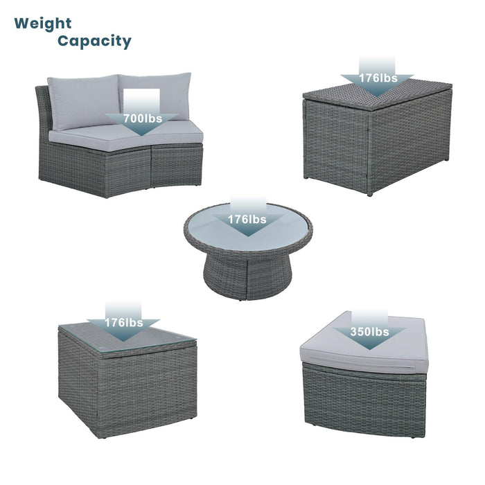 10 PCS Outdoor Patio Rattan Sectional Half Round Sofa Set withStorage Box and Light Gray Cushion