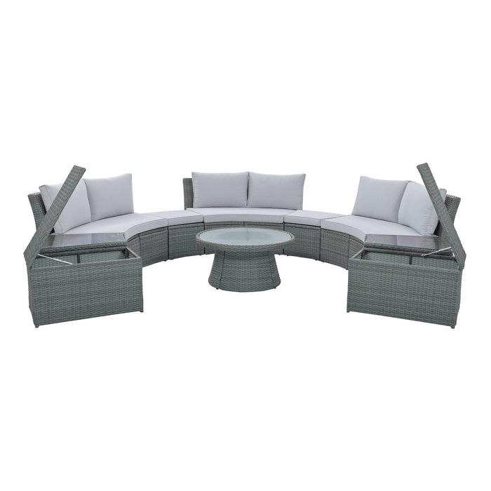 10 PCS Outdoor Patio Rattan Sectional Half Round Sofa Set withStorage Box and Light Gray Cushion