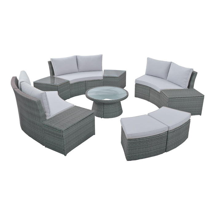 10 PCS Outdoor Patio Rattan Sectional Half Round Sofa Set withStorage Box and Light Gray Cushion