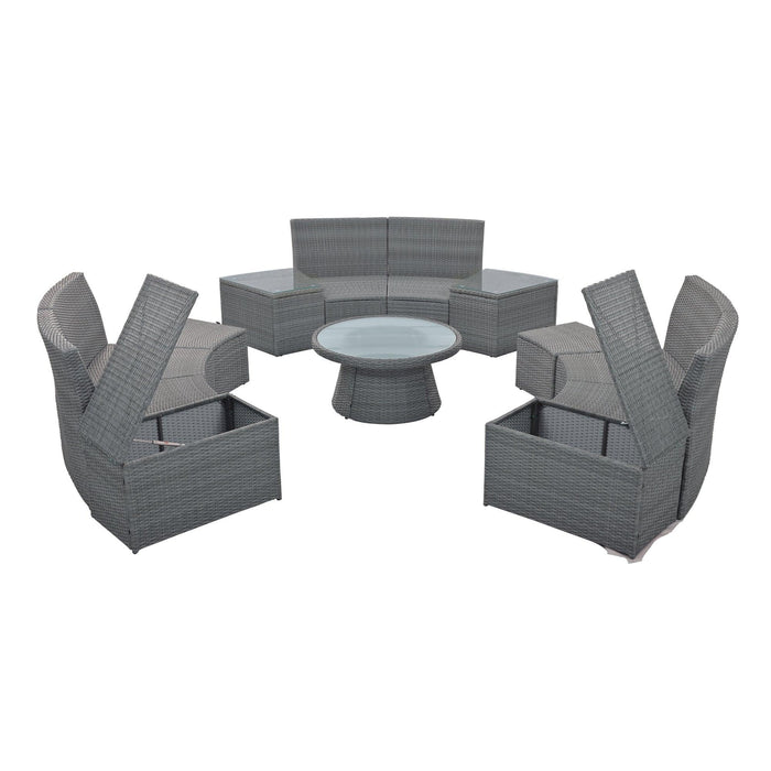 10 PCS Outdoor Patio Rattan Sectional Half Round Sofa Set withStorage Box and Light Gray Cushion