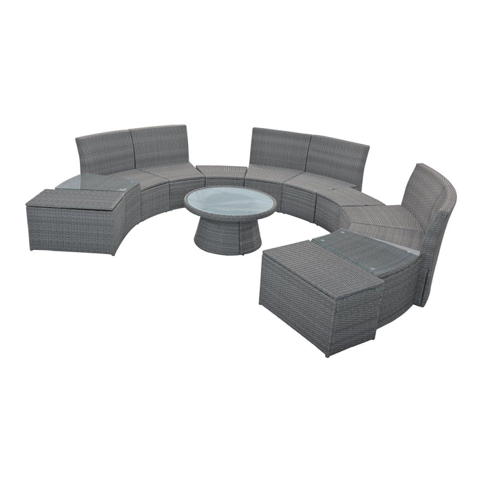 10 PCS Outdoor Patio Rattan Sectional Half Round Sofa Set withStorage Box and Light Gray Cushion