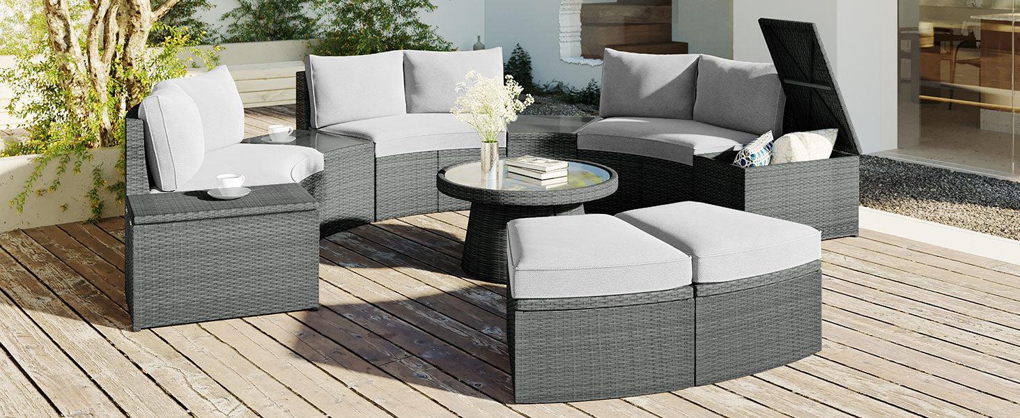 10 PCS Outdoor Patio Rattan Sectional Half Round Sofa Set withStorage Box and Light Gray Cushion